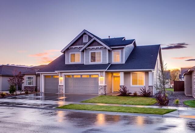 Rainy street and single family, ceiling water damage covered by insurance home