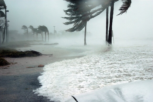 Storm surge from hurricane on beach
